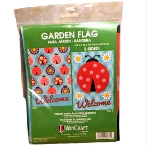 Wincraft 2 Sided Welcome Floral Ladybug Blue Red & Pink Small Garden Flag